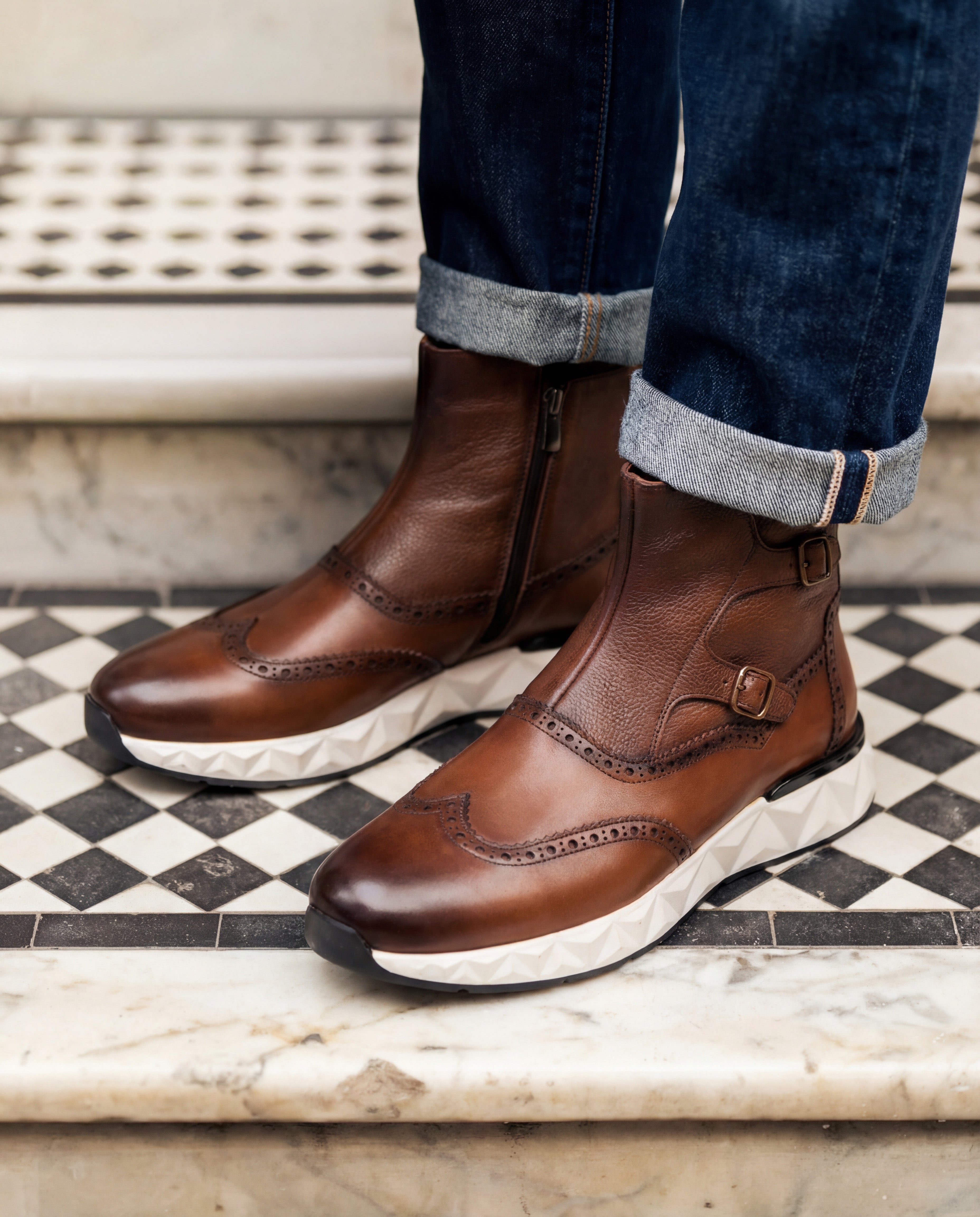 The Stealth Wingtip Buckle Tan Leather Boot