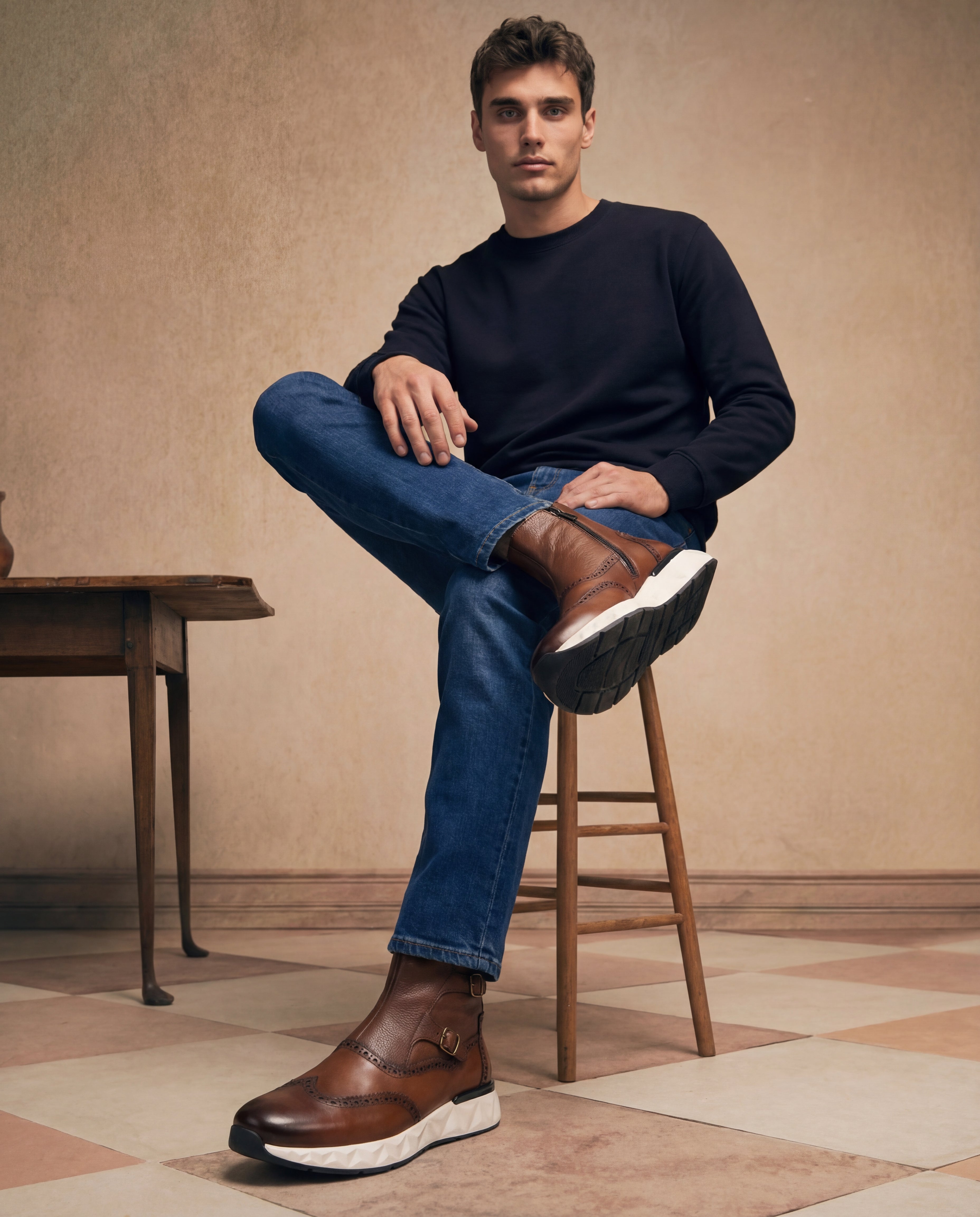 The Stealth Wingtip Buckle Tan Leather Boot