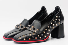 The Infanta Black Spike Leather Block Heel Pump Shoe