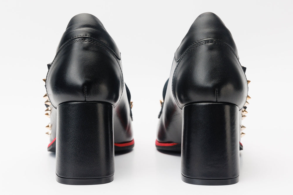 The Infanta Black Spike Leather Block Heel Pump Shoe