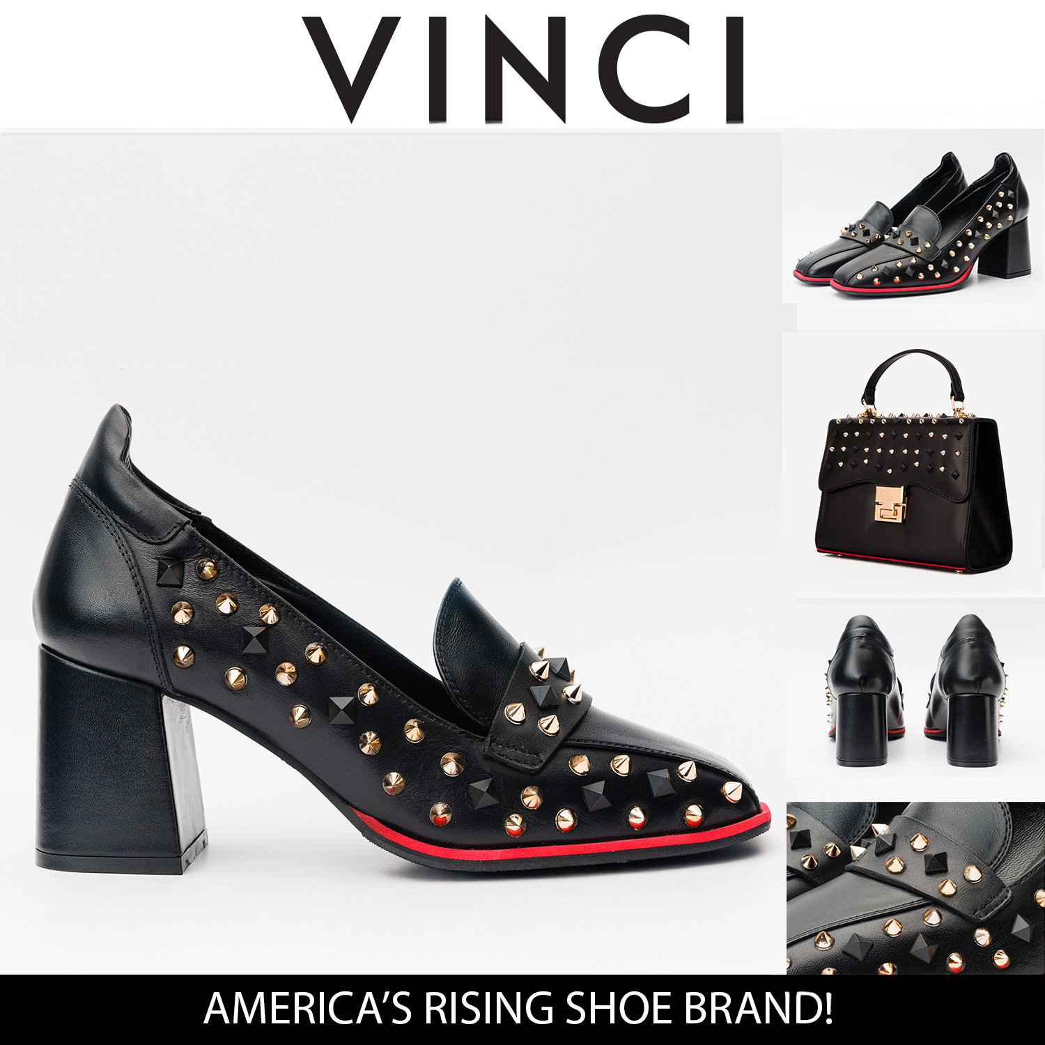 The Infanta Black Spike Leather Block Heel Pump Shoe