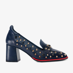 The Infanta Navy Blue Spike Leather Block Heel Pump Shoe