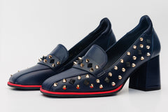 The Infanta Navy Blue Spike Leather Block Heel Pump Shoe