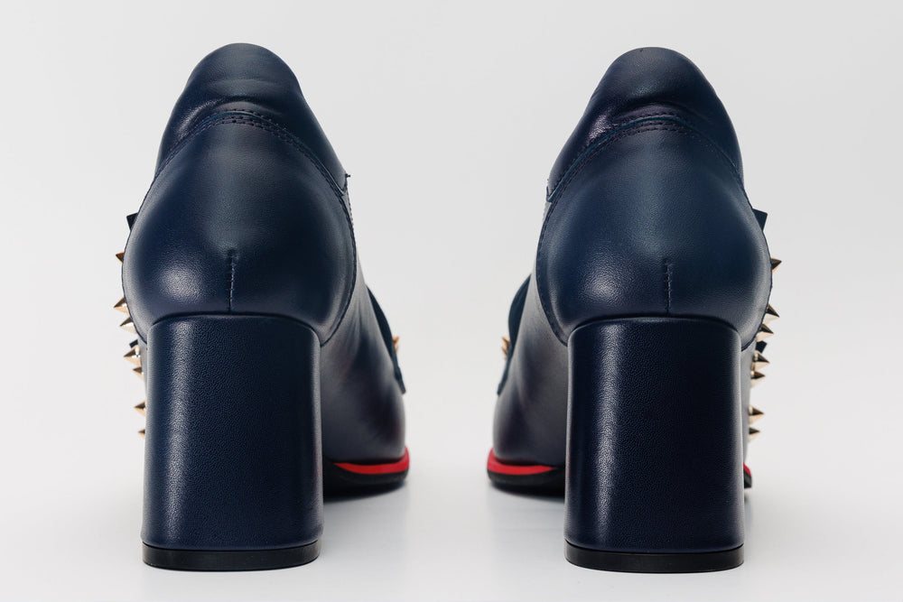 The Infanta Navy Blue Spike Leather Block Heel Pump Shoe