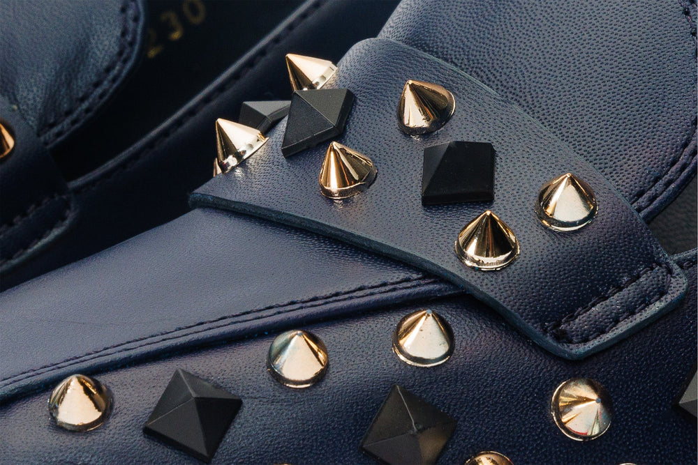 The Infanta Navy Blue Spike Leather Block Heel Pump Shoe