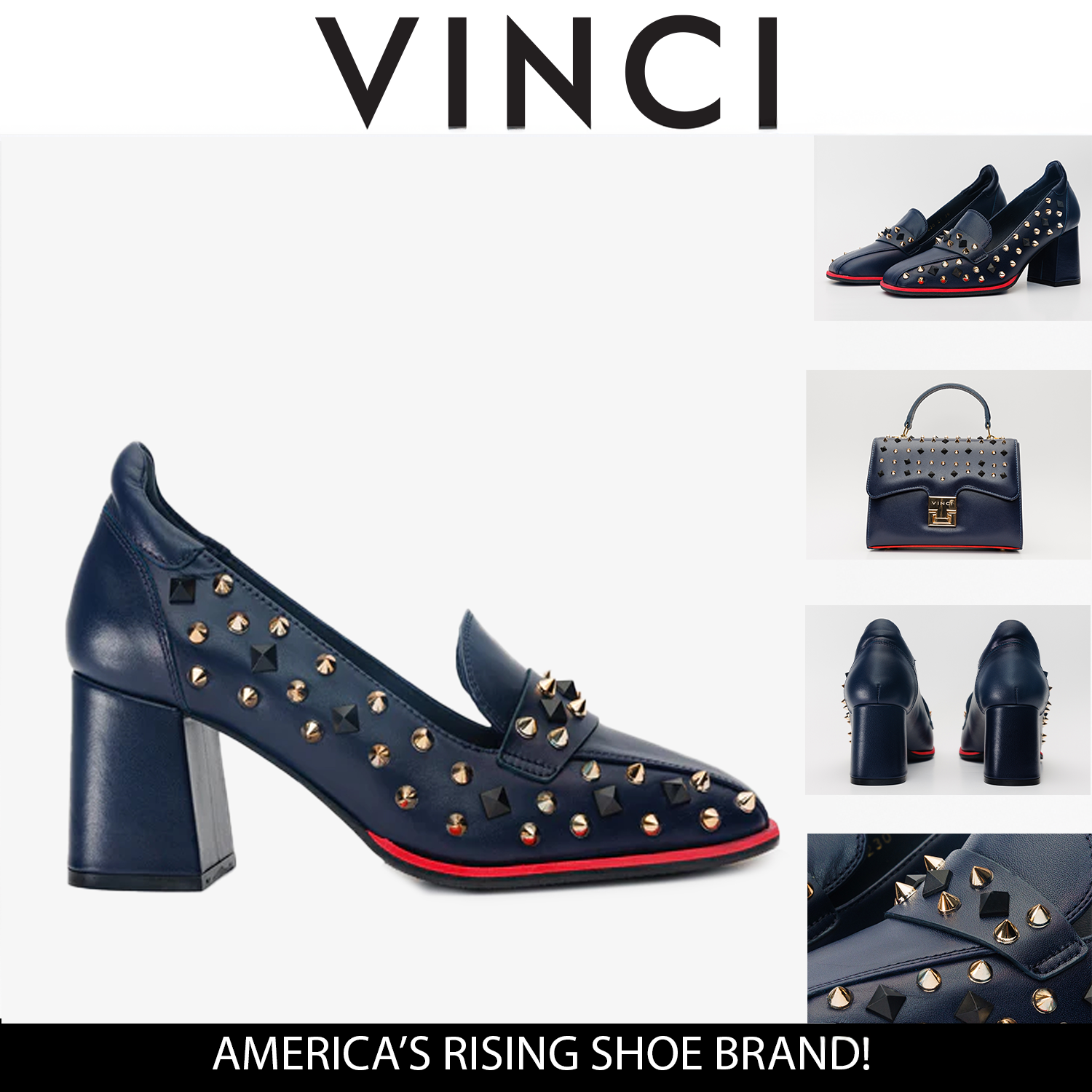 The Infanta Navy Blue Spike Leather Block Heel Pump Shoe