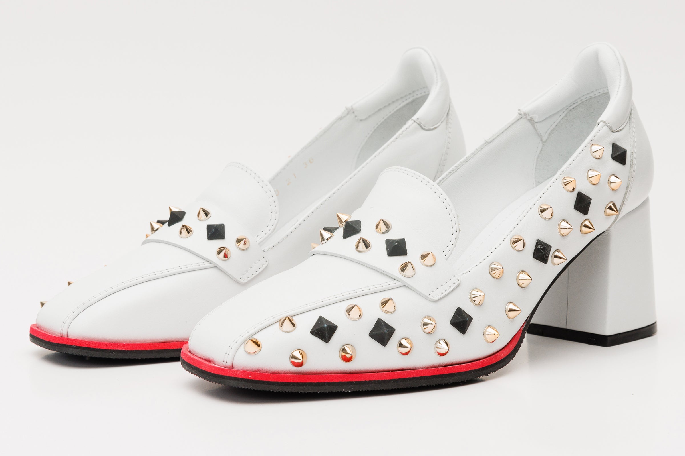 The Infanta White Spike Leather Block Heel Pump Shoe