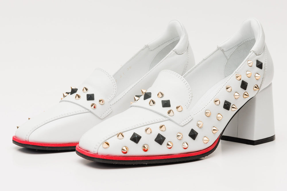 The Infanta White Spike Leather Block Heel Pump Shoe