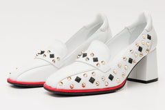 The Infanta White Spike Leather Block Heel Pump Shoe