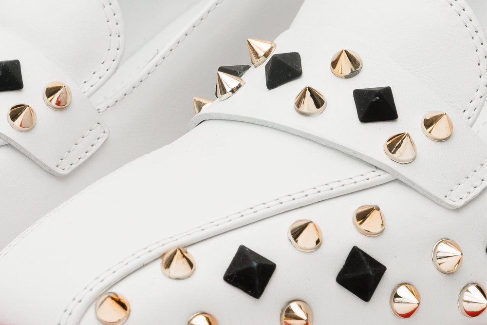 The Infanta White Spike Leather Block Heel Pump Shoe