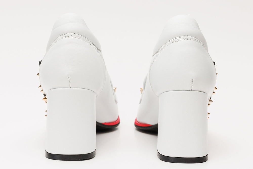The Infanta White Spike Leather Block Heel Pump Shoe