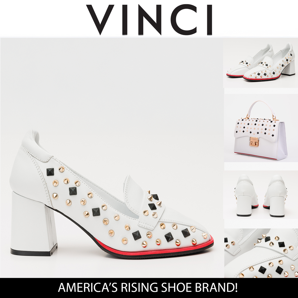 The Infanta White Spike Leather Block Heel Pump Shoe