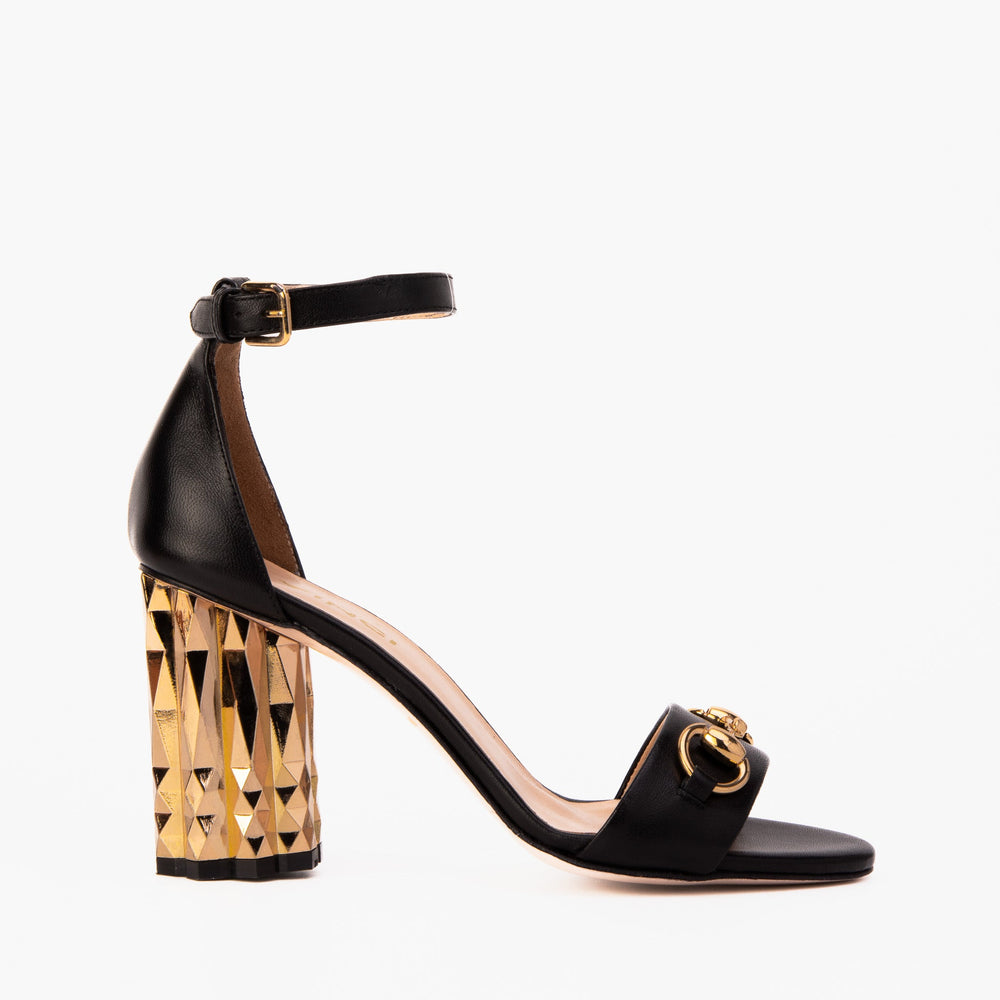 The Avlonya Block Heel Black Leather Ankle Strap Sandal