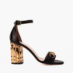 The Avlonya Block Heel Black Leather Ankle Strap Sandal