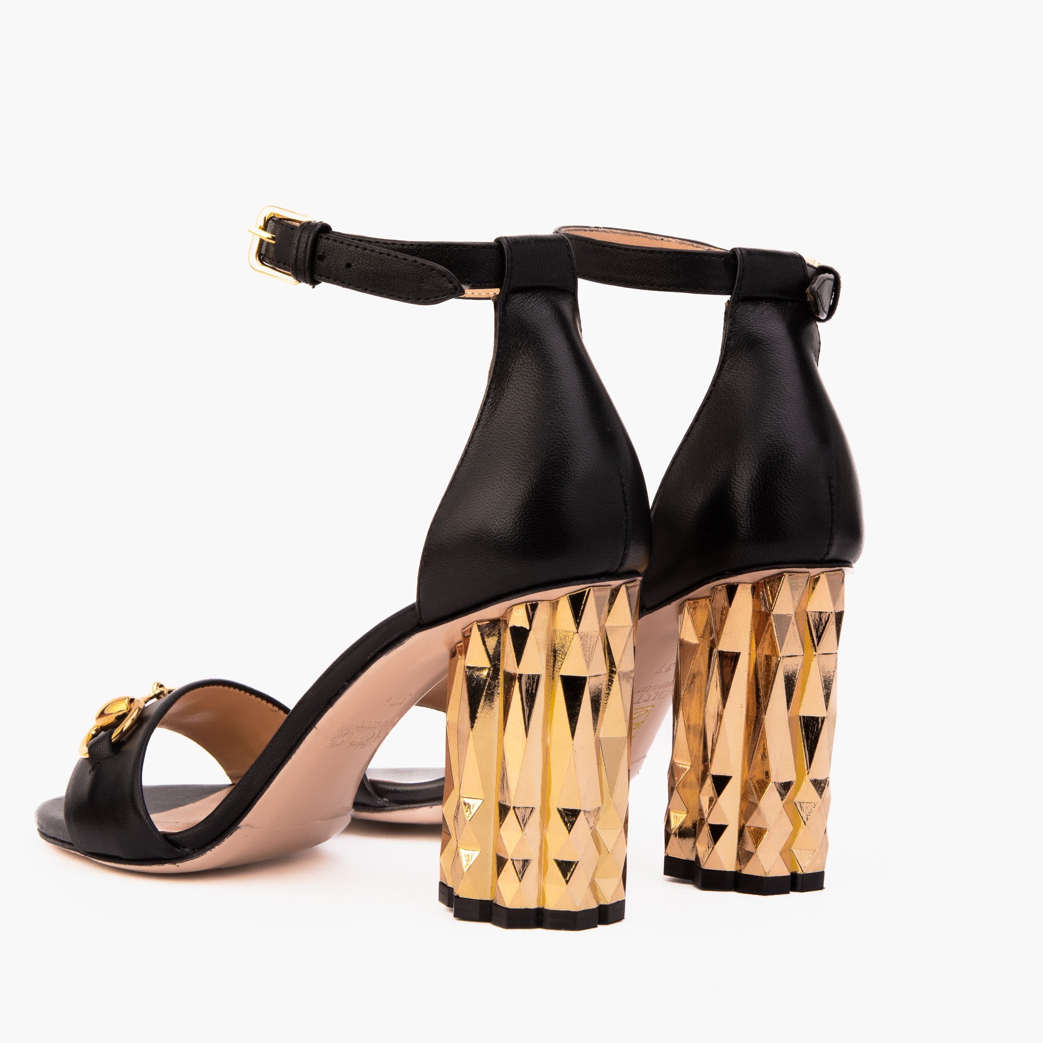The Avlonya Block Heel Black Leather Ankle Strap Sandal