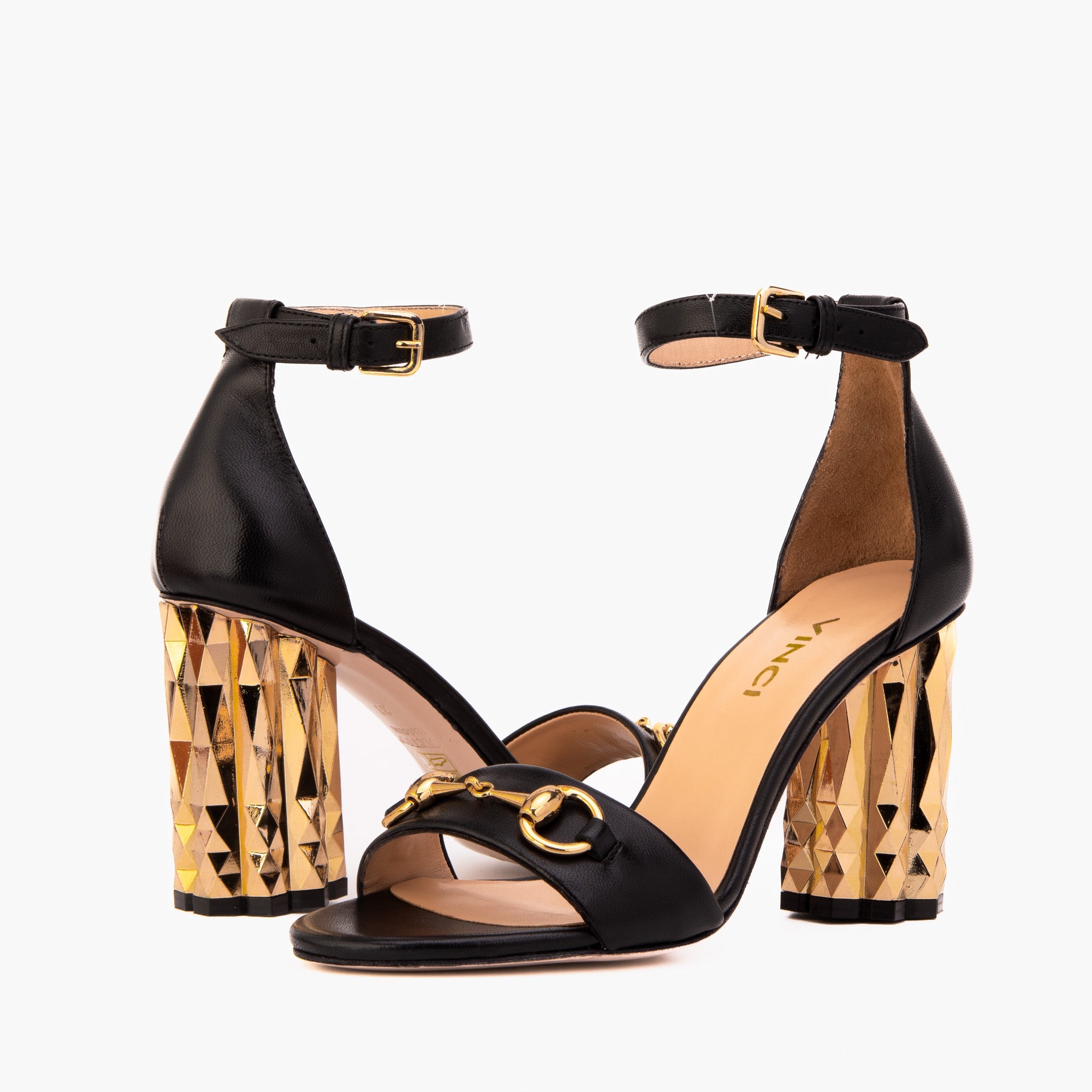 The Avlonya Block Heel Black Leather Ankle Strap Sandal