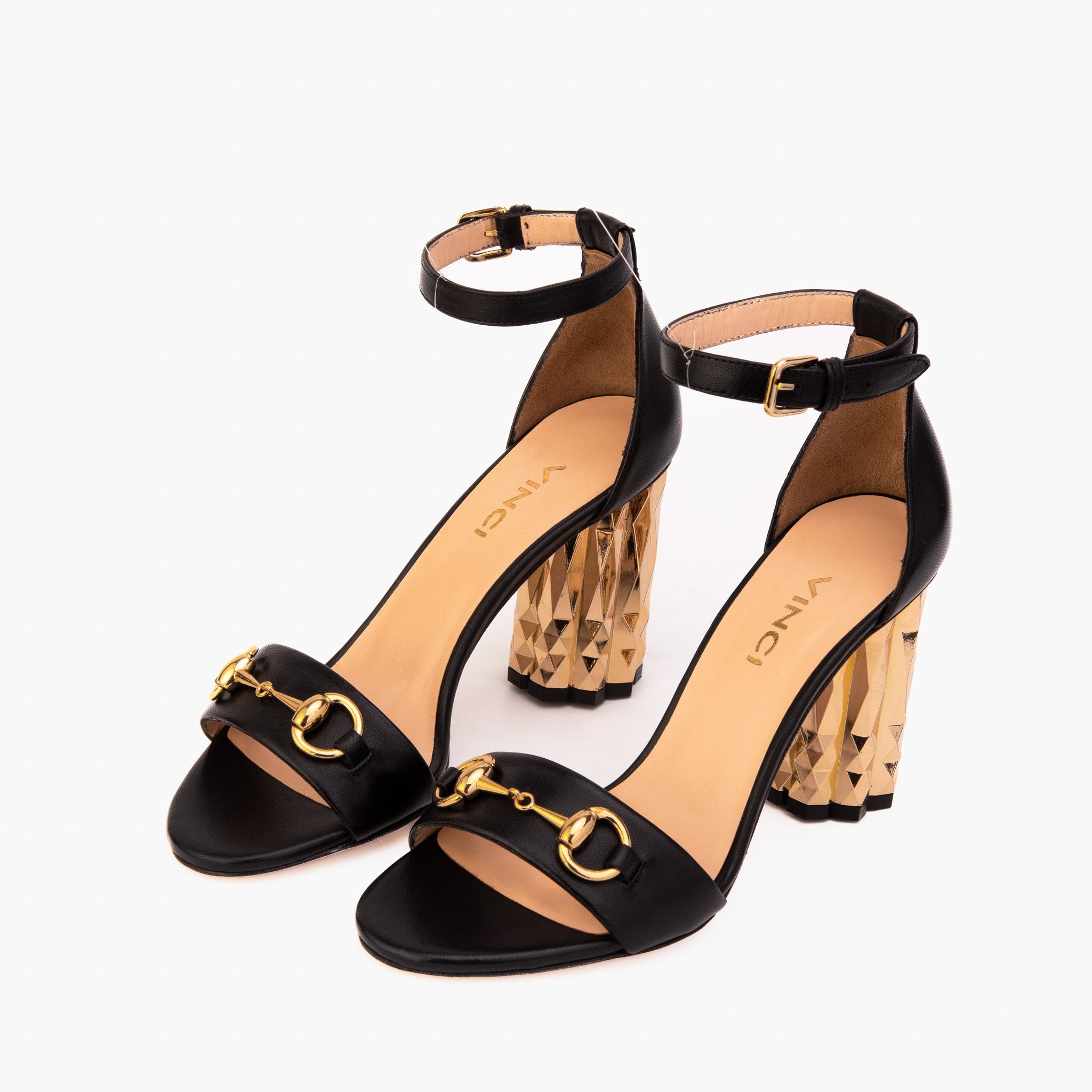 The Avlonya Block Heel Black Leather Ankle Strap Sandal