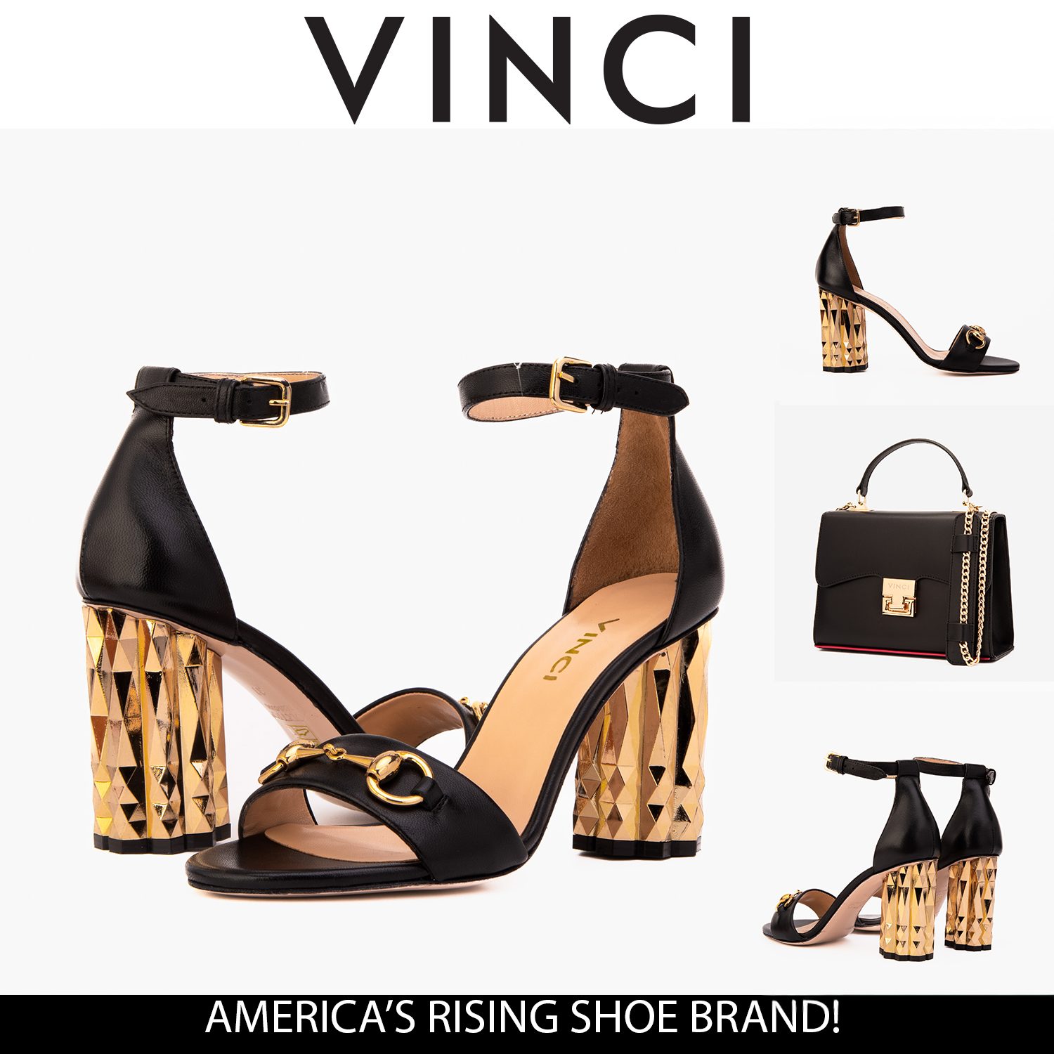 The Avlonya Block Heel Black Leather Ankle Strap Sandal