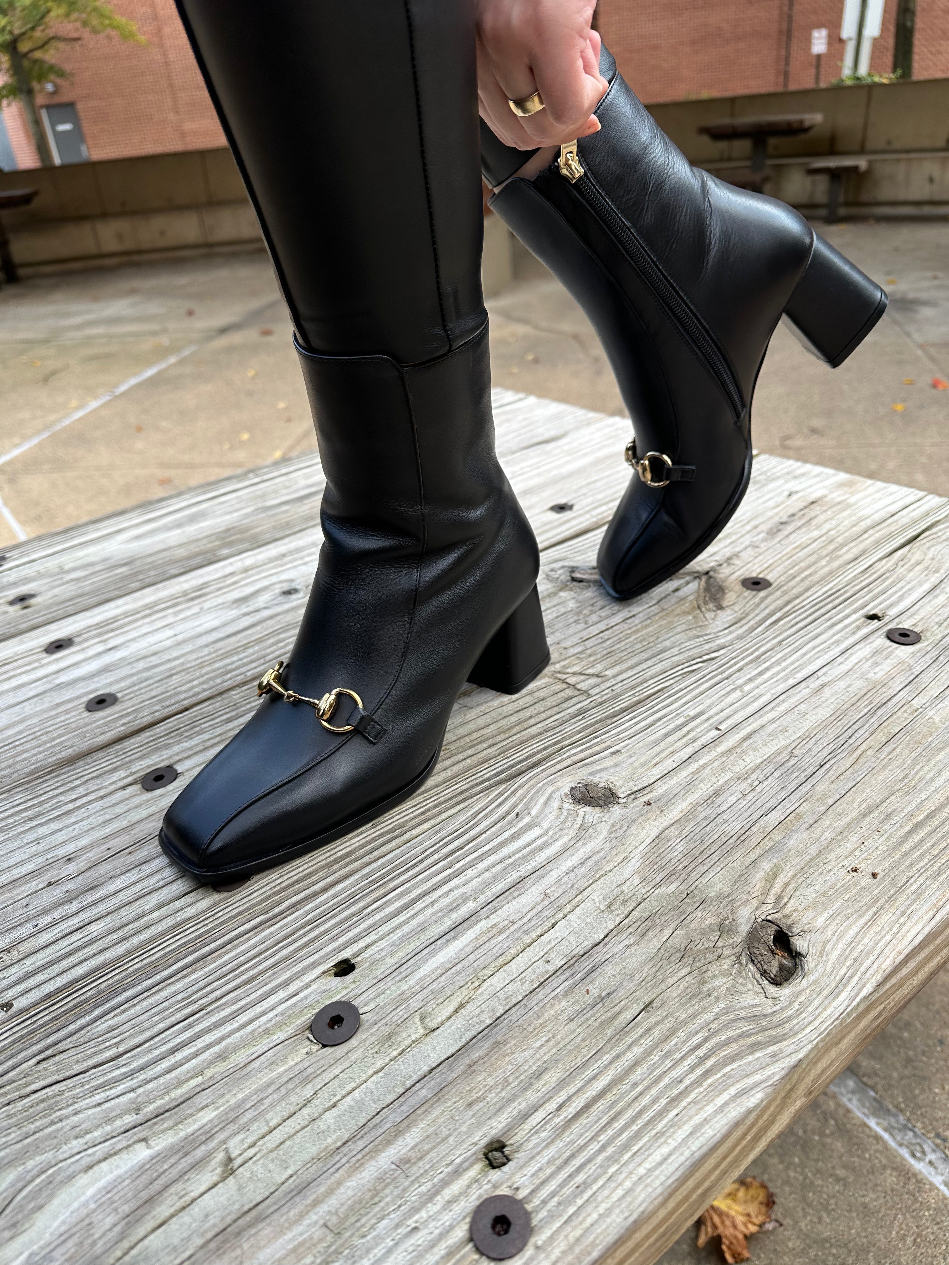 The Bukres Black Leather Block Heel Boot