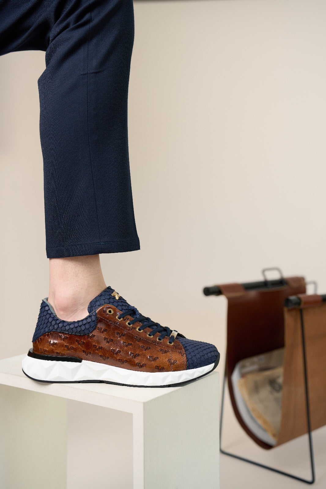 The Caesars Navy Tan Leather Sneaker