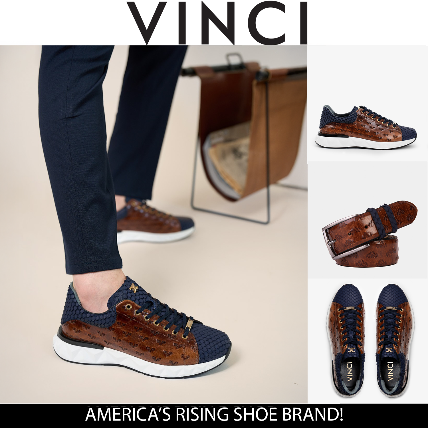 The Caesars Navy Tan Leather Sneaker
