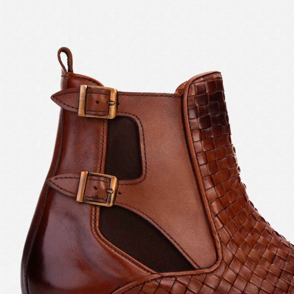 The Rolls Boot Woven Tan Leather Double Monk Strap Handmade Shoe