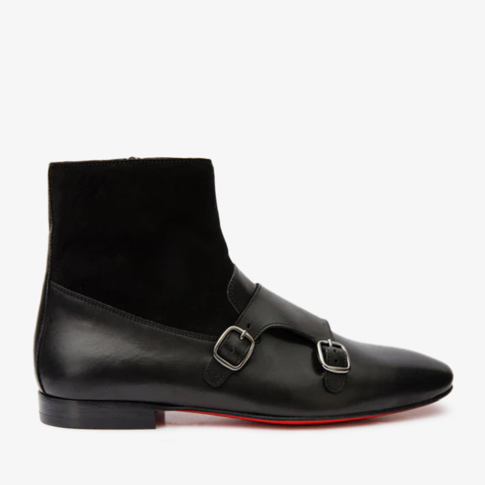 Preston Black Leather Suede Double Monk Strap Ankle Boot