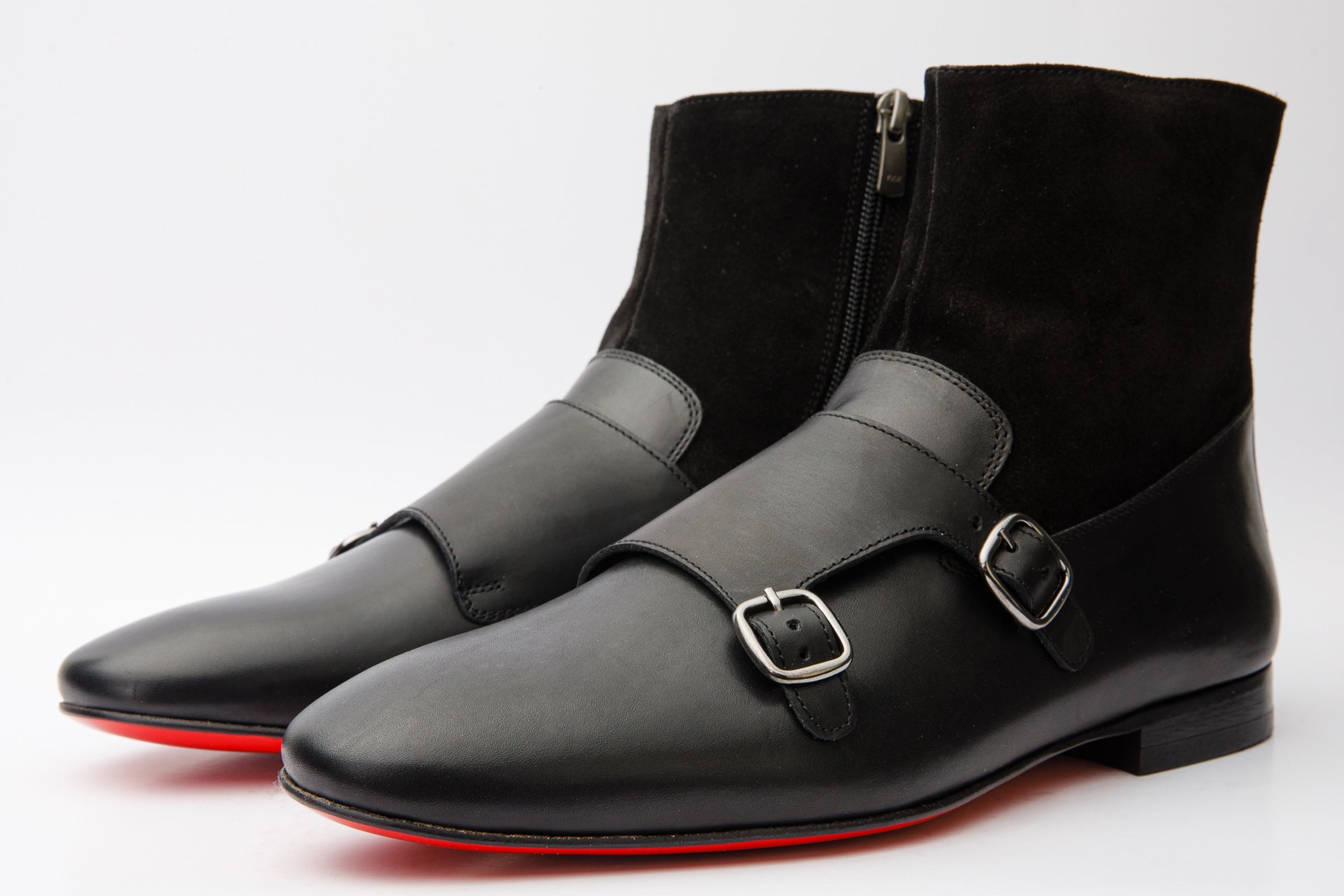 Preston Black Leather Suede Double Monk Strap Ankle Boot