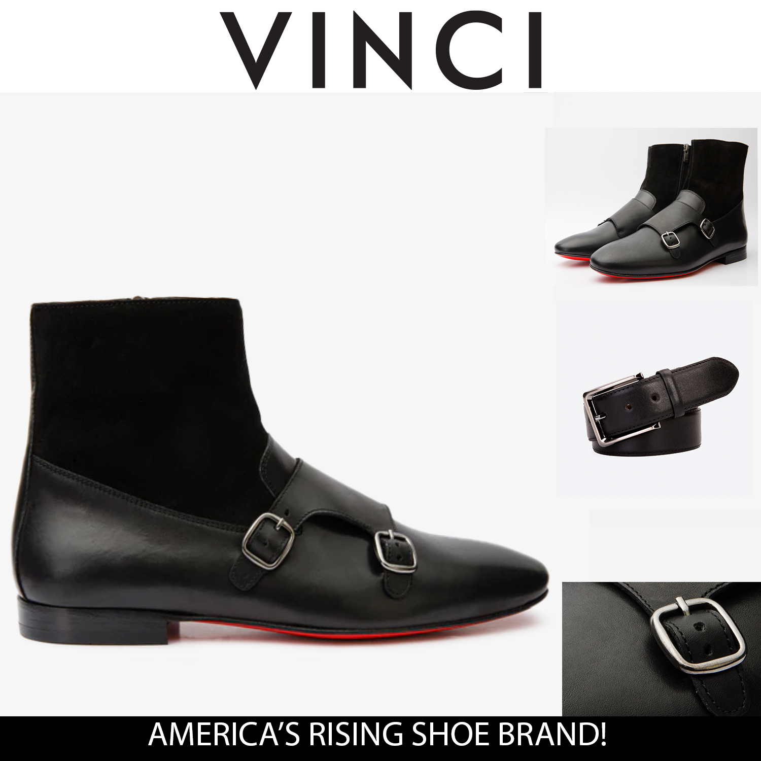 Preston Black Leather Suede Double Monk Strap Ankle Boot