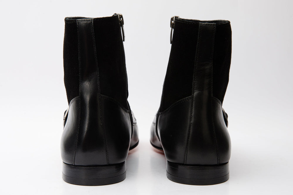 Preston Black Leather Suede Double Monk Strap Ankle Boot
