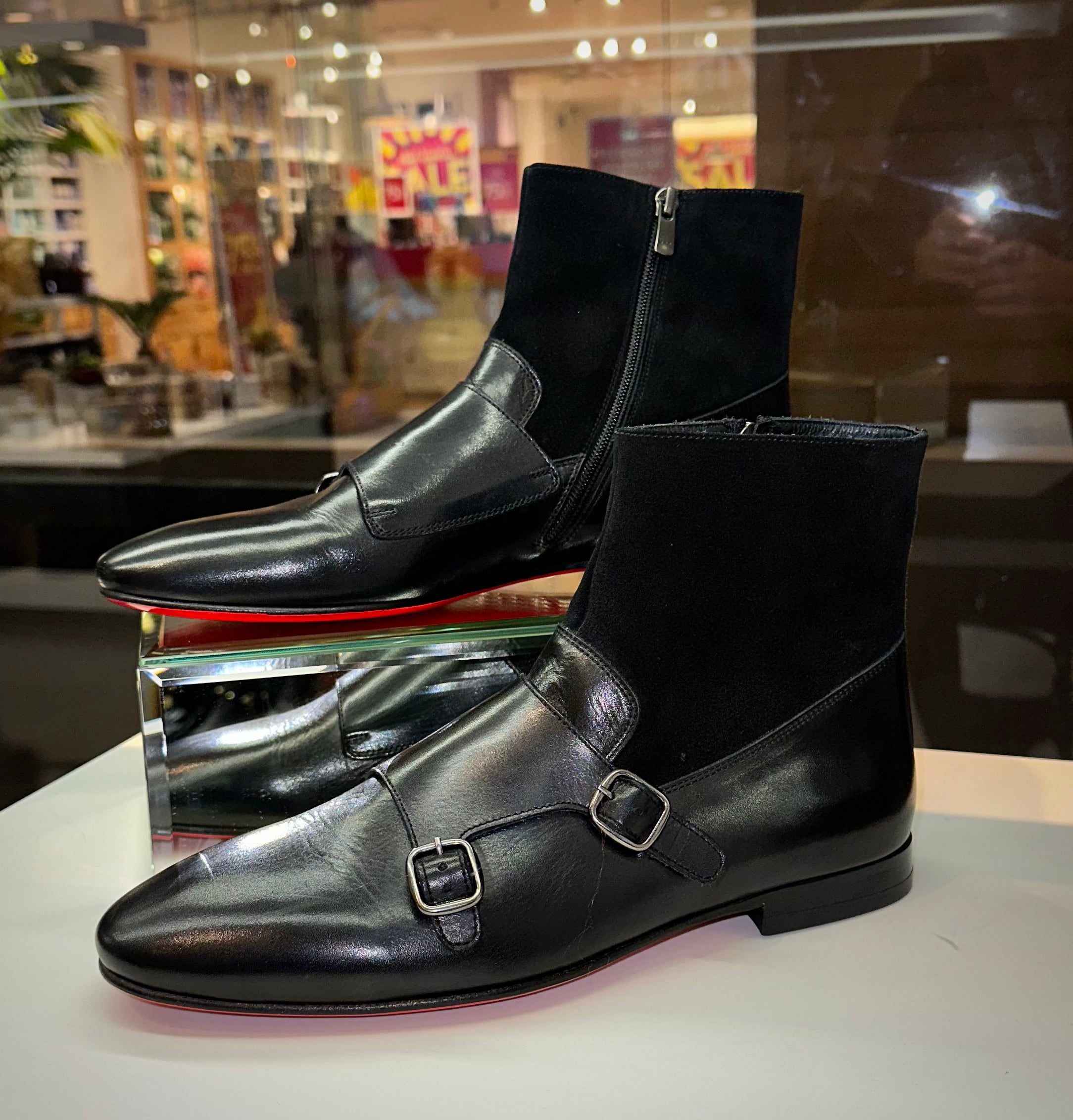 Preston Black Leather Suede Double Monk Strap Ankle Boot