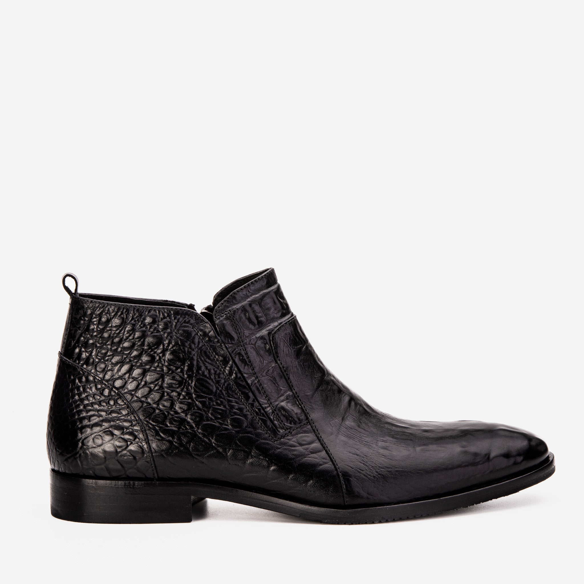 The Randor Black Crocodile Leather Side-Zip Dress Ankle Boot