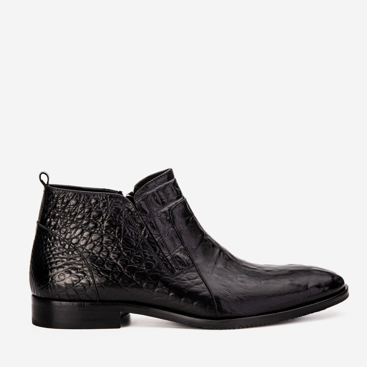 The Randor Black Crocodile Leather Side-Zip Dress Ankle Boot