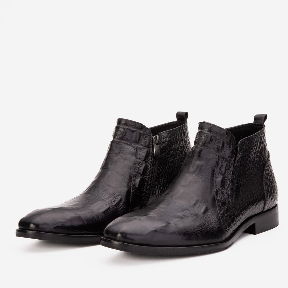 The Randor Black Crocodile Leather Side-Zip Dress Ankle Boot