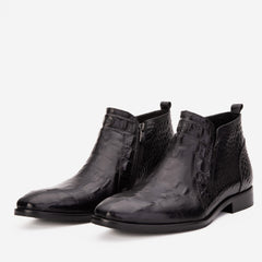 The Randor Black Crocodile Leather Side-Zip Dress Ankle Boot