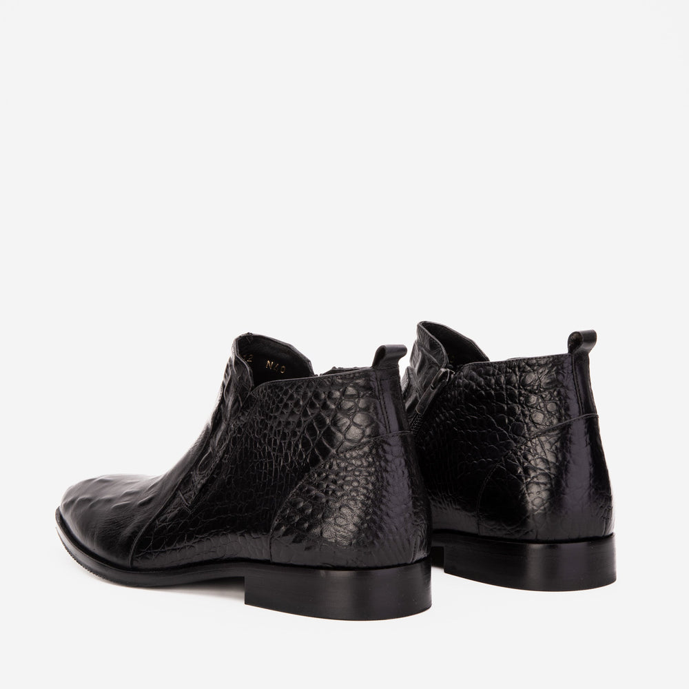 The Randor Black Crocodile Leather Side-Zip Dress Ankle Boot
