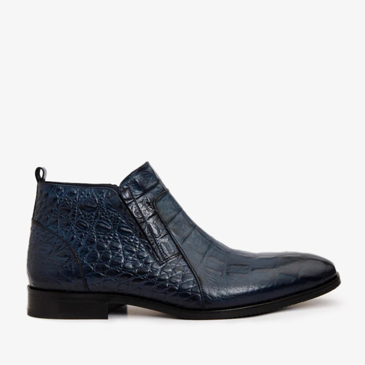 The Randor Navy Blue Crocodile Leather Side-Zip Dress Ankle Boot
