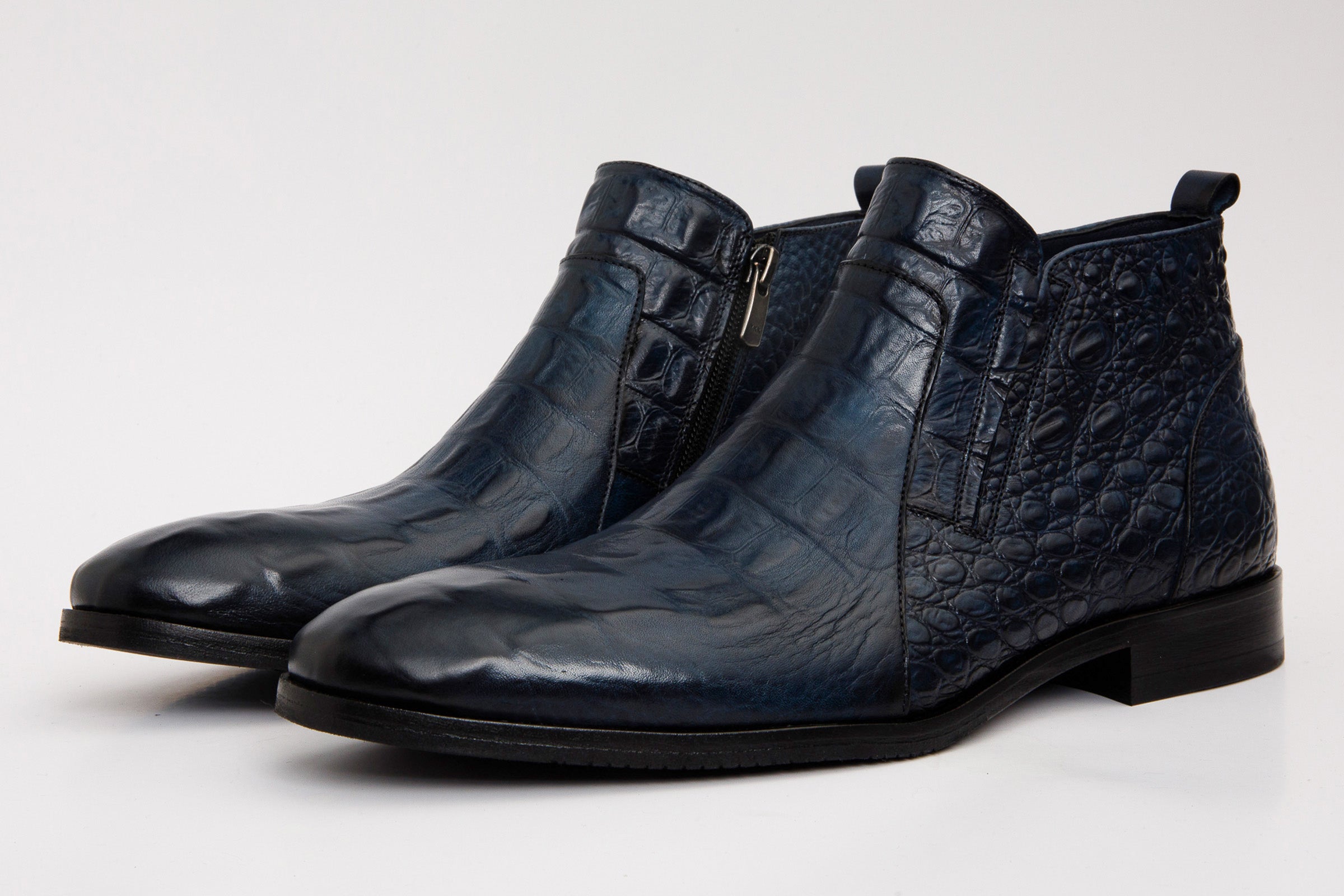 The Randor Navy Blue Crocodile Leather Side-Zip Dress Ankle Boot