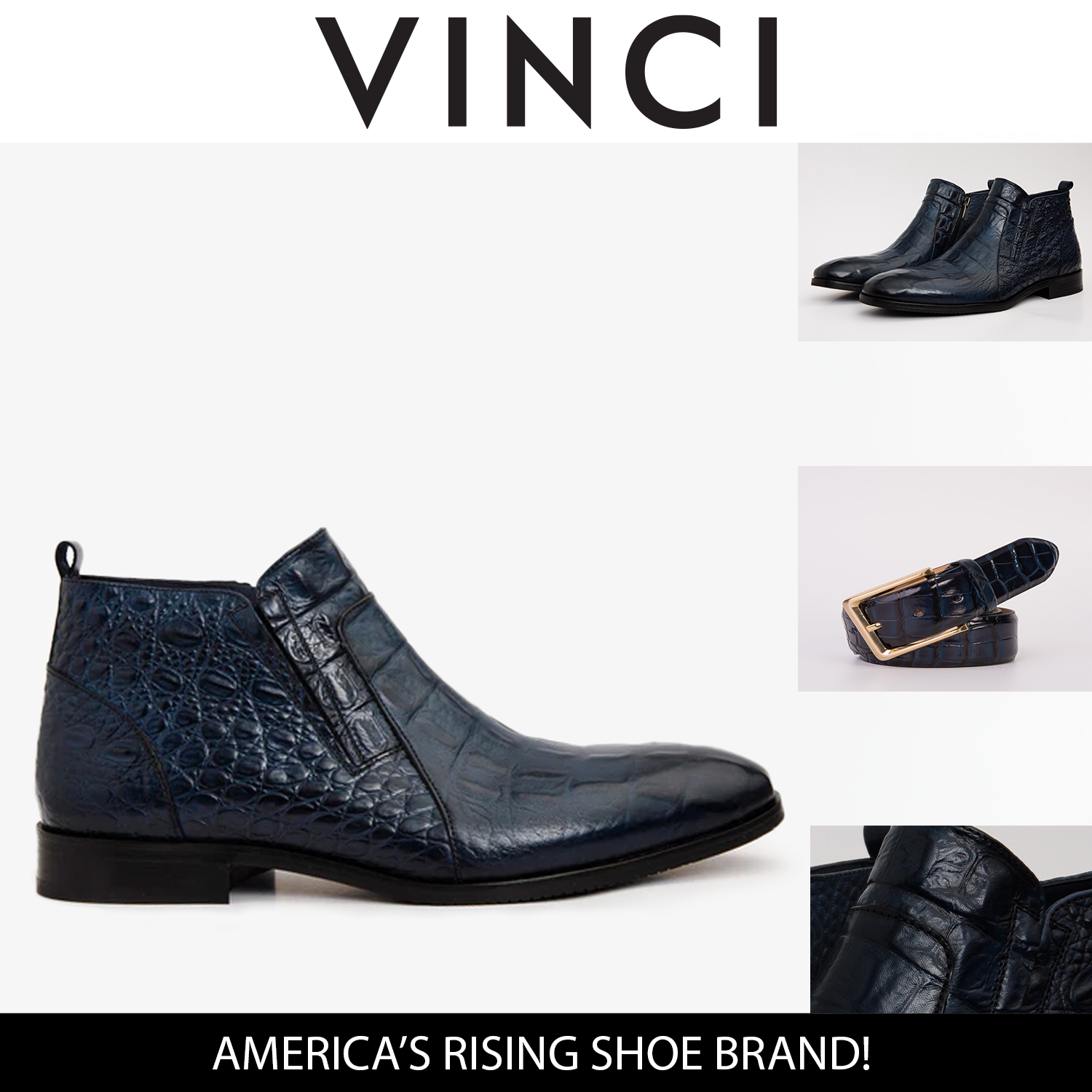 The Randor Navy Blue Crocodile Leather Side-Zip Dress Ankle Boot