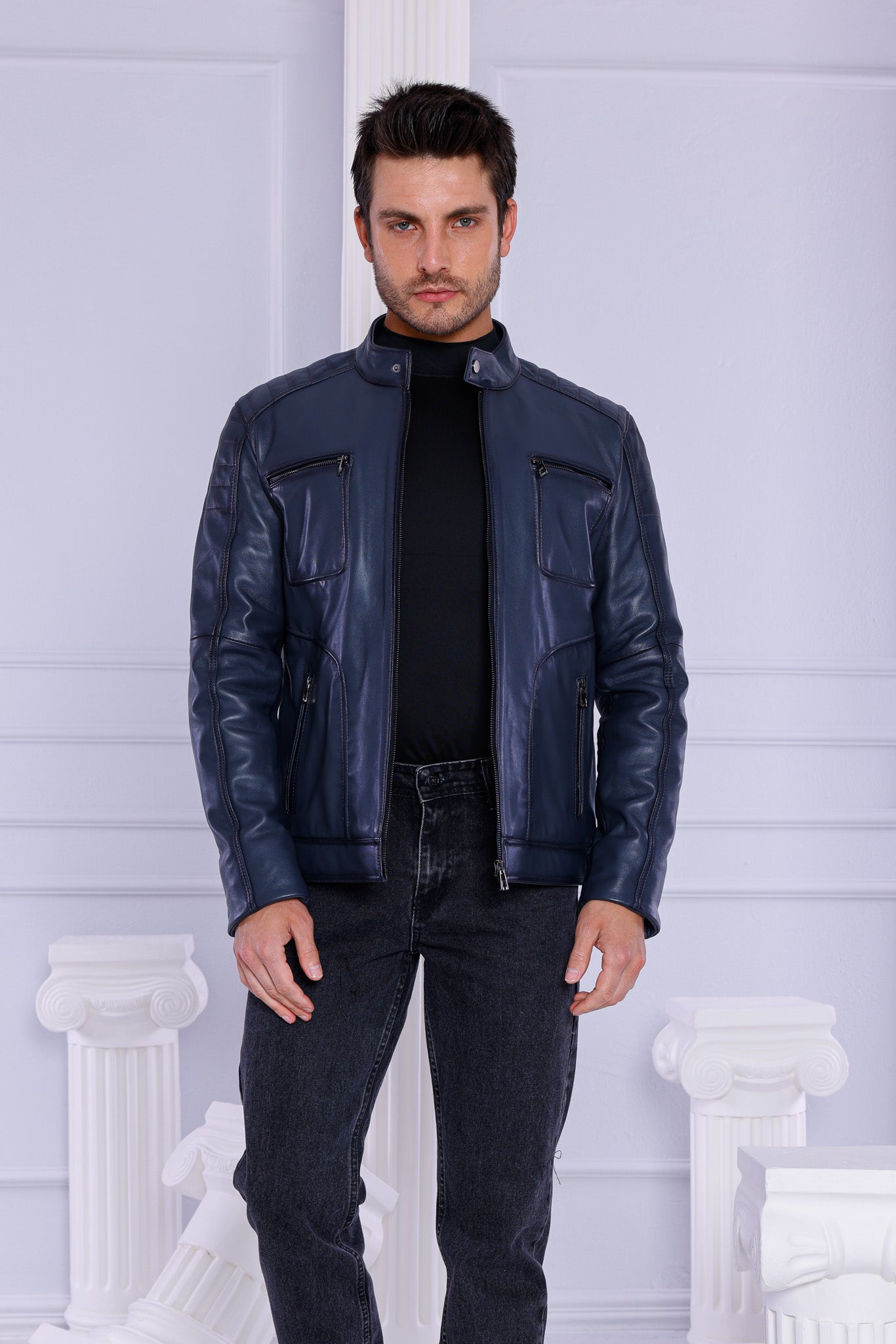 The Argento Navy Blue Leather Jacket