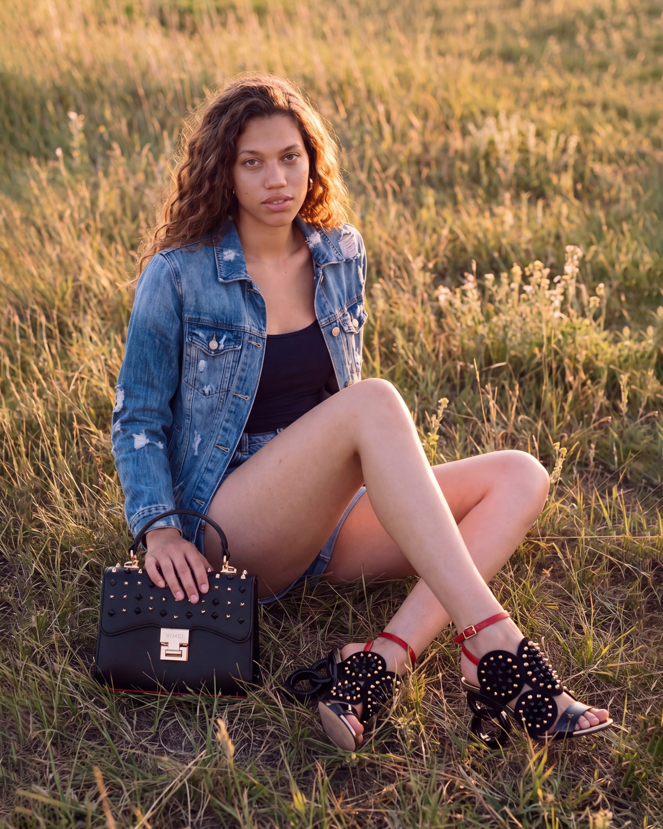 The Infanta Black Spike Leather Ankle Strap Sandal