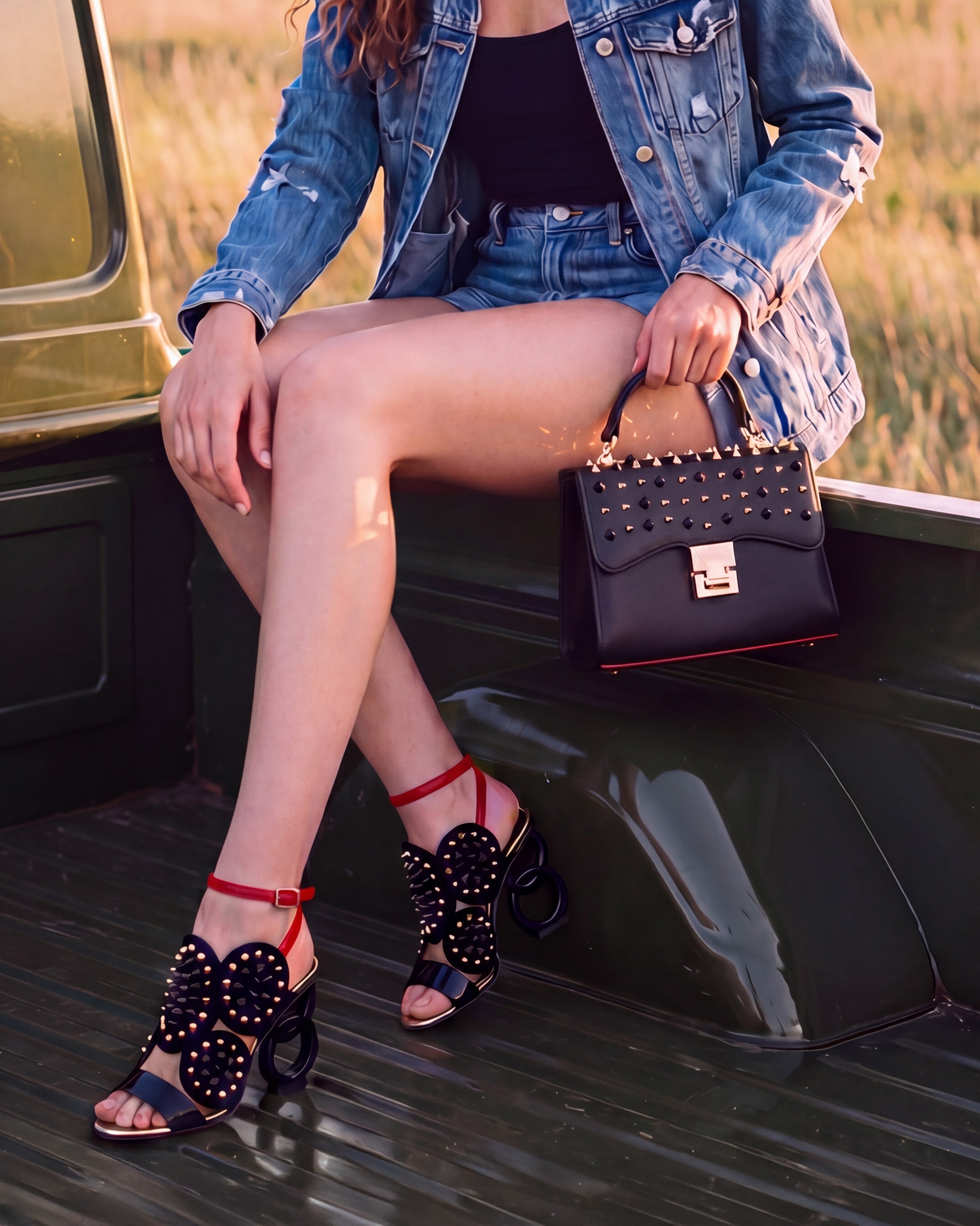 The Infanta Black Spike Leather Ankle Strap Sandal