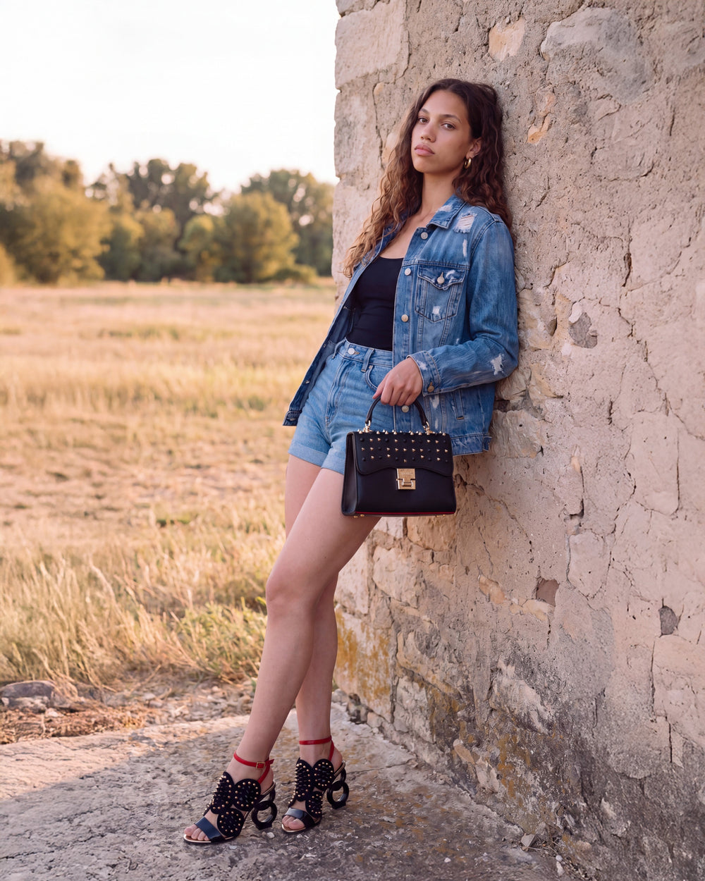 The Infanta Black Spike Leather Ankle Strap Sandal