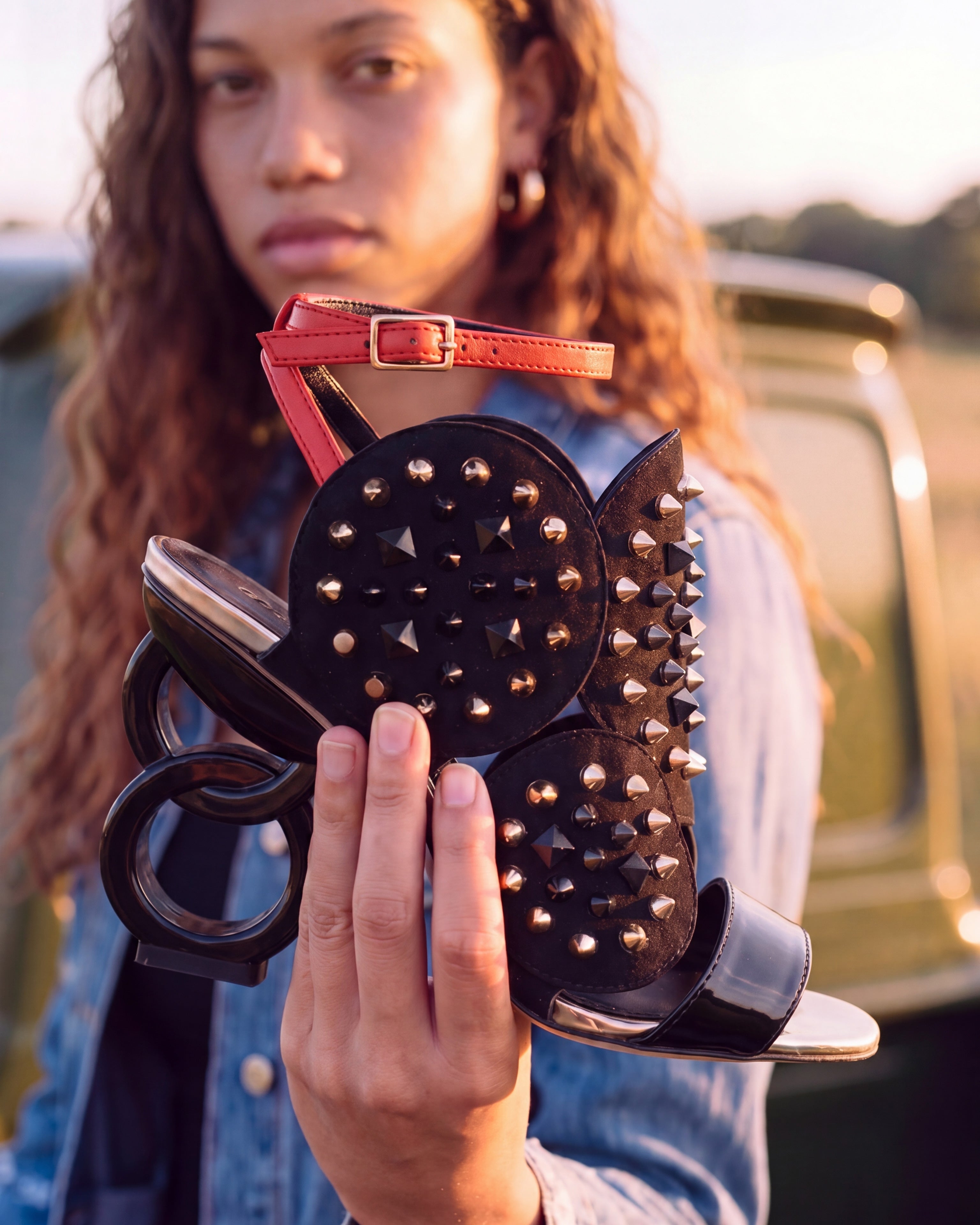 The Infanta Black Spike Leather Ankle Strap Sandal