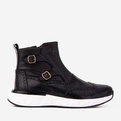 The Stealth Wingtip Buckle Black Leather Boot