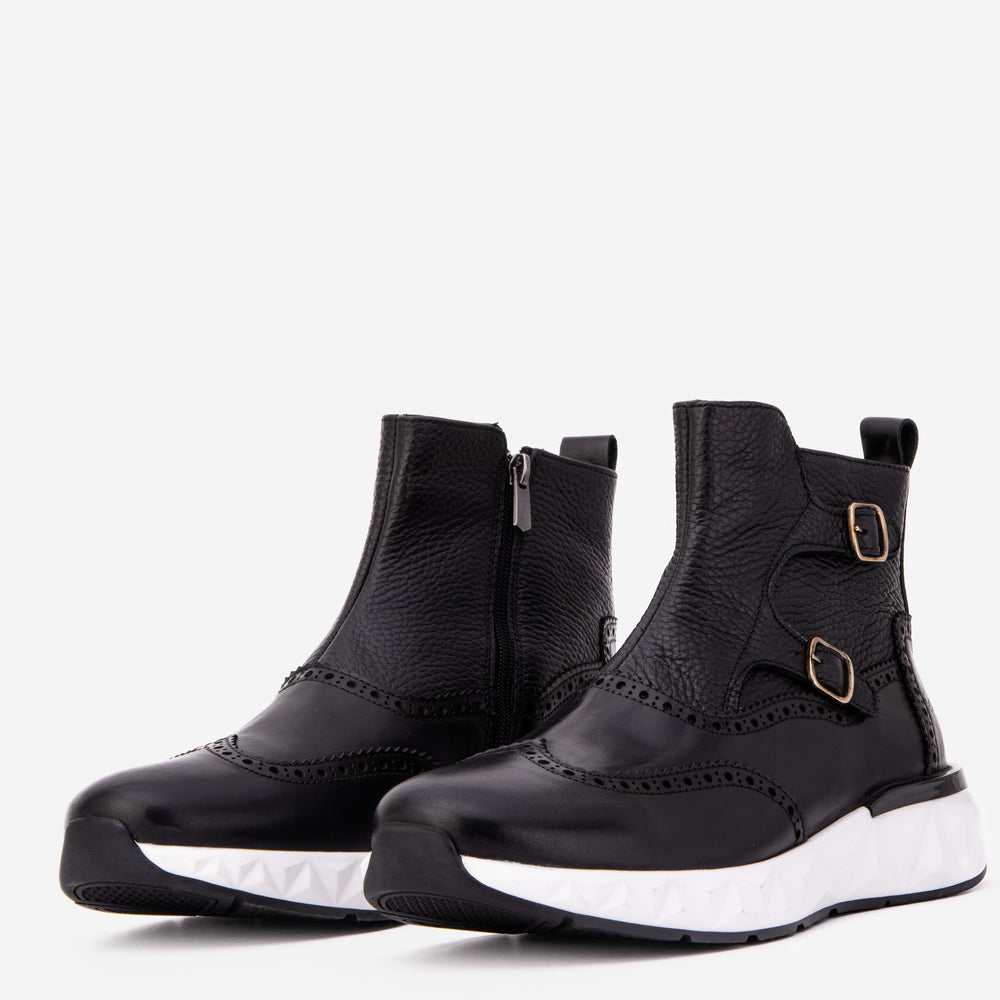 The Stealth Wingtip Buckle Black Leather Boot