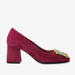 The California Burgundy Suede Leather Block Heel Pump Shoe