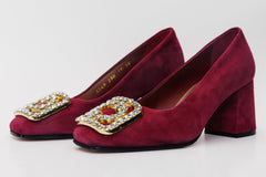 The California Burgundy Suede Leather Block Heel Pump Shoe