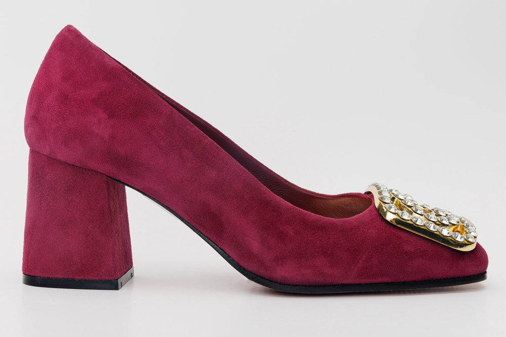 The California Burgundy Suede Leather Block Heel Pump Shoe