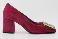 The California Burgundy Suede Leather Block Heel Pump Shoe
